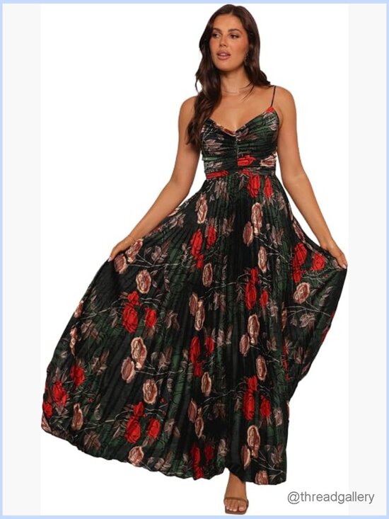 Dresses & Skirts - Pleated Maxi Dress with A-Line Silhouette and V-Neck